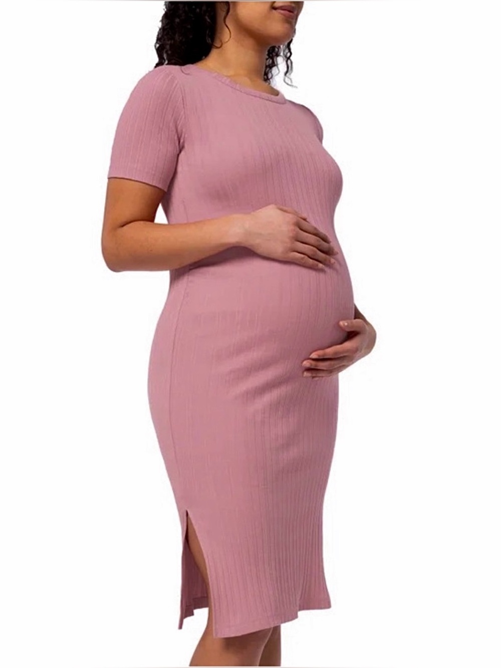 Maternity Ribbed Short-Sleeve Midi Dress - Dusty Rose